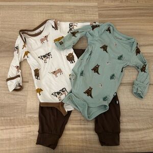 Bundle of 3. Two Kyte Baby Onesies - cows & beers, & brown pants. Size 0-3 month